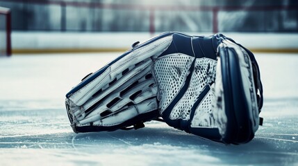 A hockey rink's goalie glove, indoor setting with ice background, Classic style