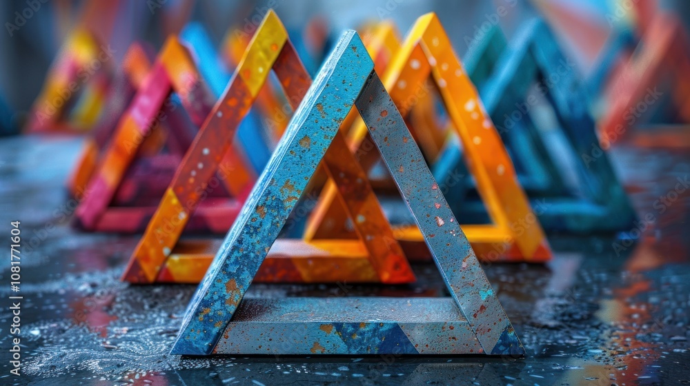 Poster a close-up of colorful, wooden, triangular frames arranged in rows, with a reflective surface undern