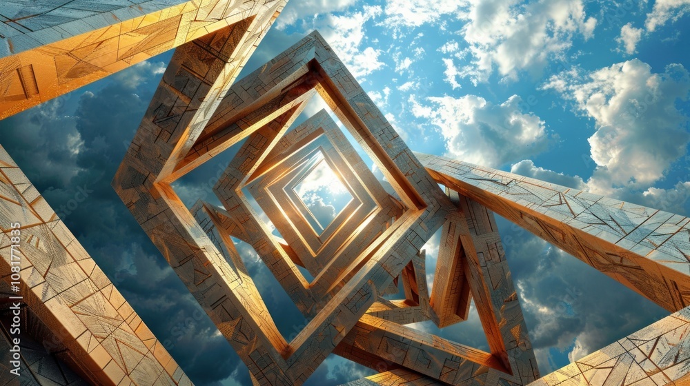 Poster a series of golden squares ascend into a blue sky with white clouds, creating a tunnel effect.