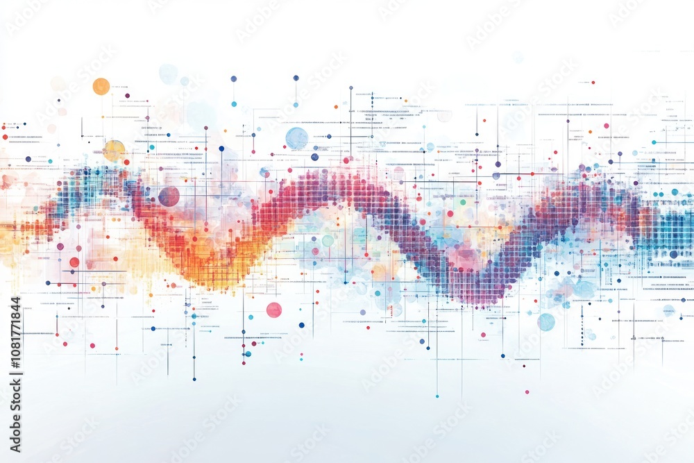Poster abstract wavy pattern of colorful dots and lines on a white background.