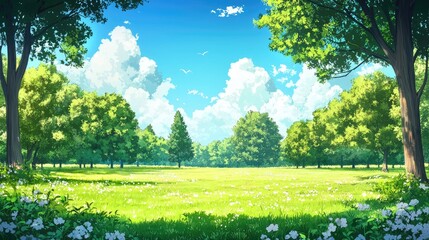 Obraz premium Sunny meadow with lush green trees.