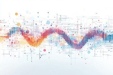 Abstract wavy pattern of colorful dots and lines on a white background.