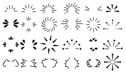 Doodle line sparkles and rays. Hand- drawn explosion lines confetti, sun burst, decorative effect surprise elements. Sketch comic celebrating splash and sign. Vector set