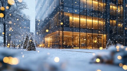 A sleek, modern office building with floor-to-ceiling windows glowing warmly in a snowy urban landscape, with festive lights