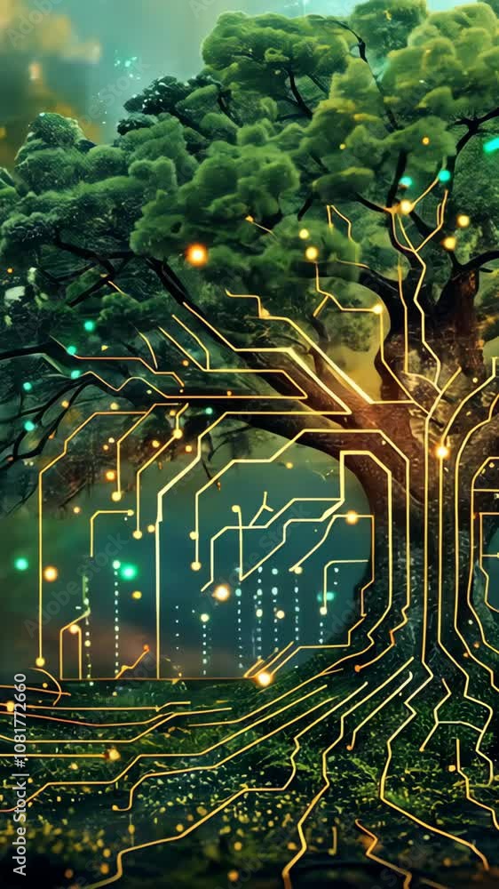 Poster digital art of a tree with circuit board patterns and glowing lights on a dark background. concept o