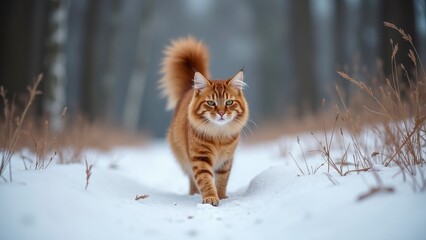 An orange cat strolls along a snow-covered path in a forest, surrounded by tall trees and a tranquil winter atmosphere, exuding confidence and curiosity