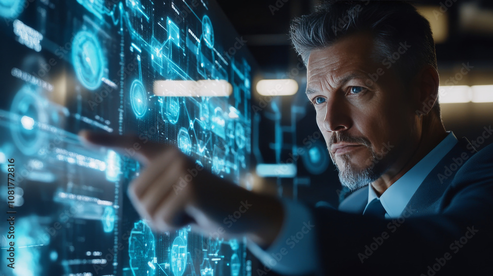 Poster businessman is showing a futuristic technology that uses ai to connect the whole world through the i