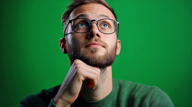 Young software developer with a green screen background thinks deeply, resting a hand on his chin while looking up, reflecting on ideas and solutions in a moment of contemplation