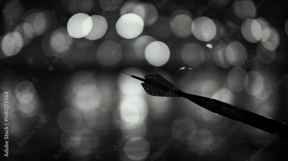 Poster a single black dart with feathers against a blurred background of lights.