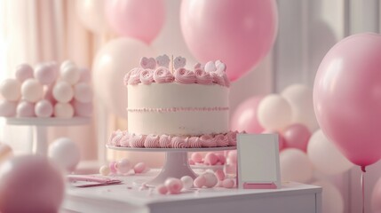 Adorable baby girl welcome table at a baby shower, with pink accents throughout. A beautiful cake topped with baby-themed details,
