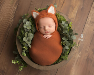 Obraz premium A sleeping newborn dressed in a fox outfit nestled in a bowl of greenery on a wooden surface