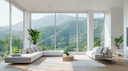 Fototapeta premium Light-filled minimalist living room with floor-to-ceiling windows