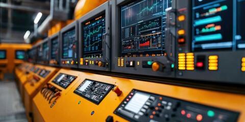Naklejka premium Industrial control room operation factory digital interface high-tech environment close-up automation concept