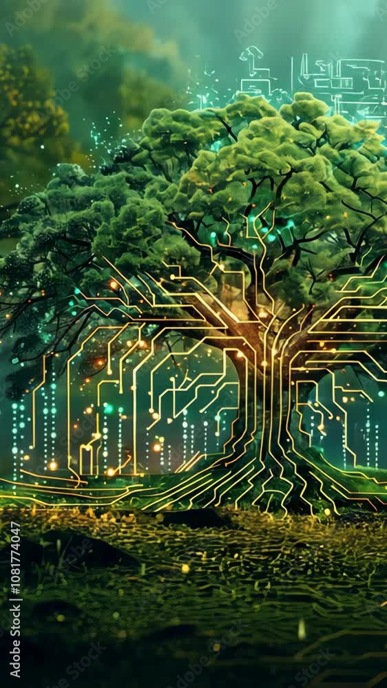Aufkleber digital art of a tree with glowing circuit patterns. futuristic nature and technology concept for po
