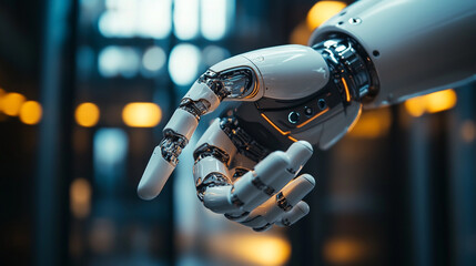 Robotic hand reaching out in a modern, illuminated urban environment showcasing advanced technology