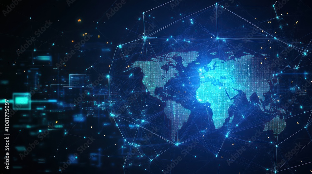 Poster a digital representation of a global network with a glowing map of the world.