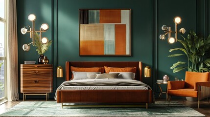 Luxury bedroom with mid-century modern furniture, abstract art, and brass light fixtures 