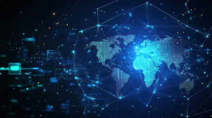 Fototapeta premium A digital representation of a global network with a glowing map of the world.