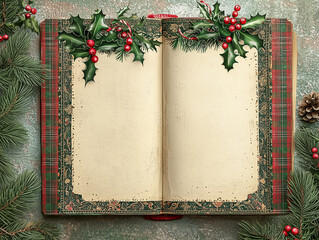 Open vintage Christmas book with ornate border, holly, and plaid cover.