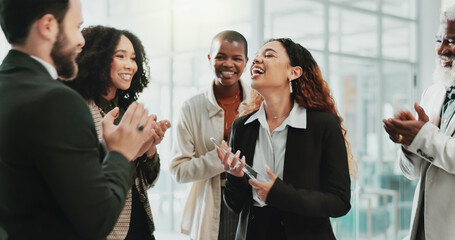 Business people, applause and congratulations in office for award, achievement or employee development. Team, clapping and support in workplace for celebration, success or prize winner with diversity