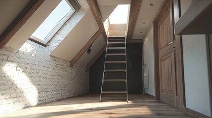 Spacious loft interior featuring wooden floors and skylights, illuminated by natural light in a modern design