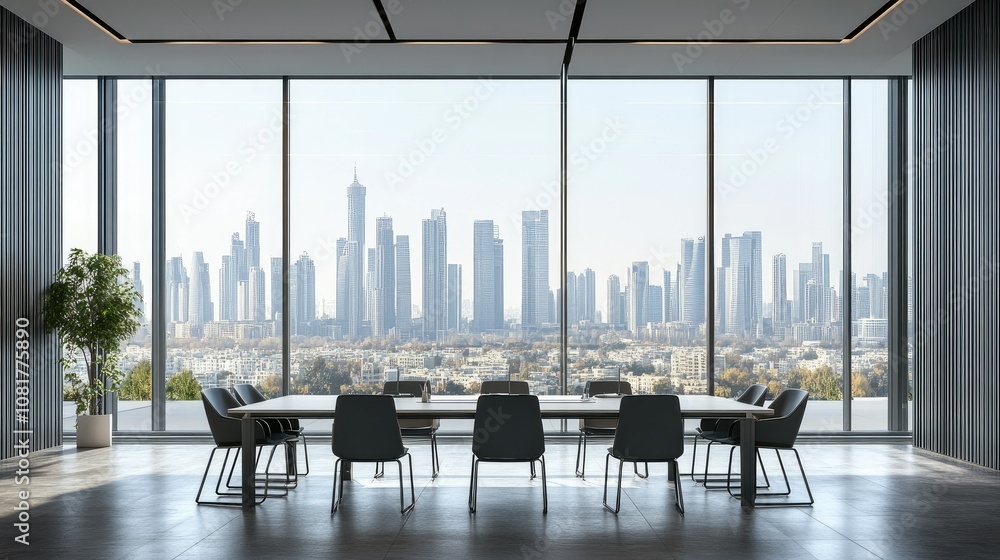 Poster modern boardroom with a large window view of a cityscape