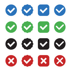 Checkmark icons blue,green,black and  red right and wrong choices on isolated white background. Check mark true and false symbol tick sign. Approved symbol.