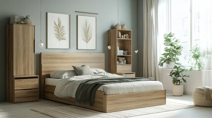 A bright modern bedroom with a large bed shelving units and a bedside table