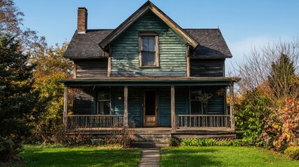 Fototapeta premium Abandoned Victorian house surrounded by overgrown landscape in autumn with clear blue sky and colorful foliage