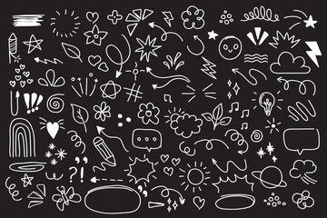 Set of cute pen line doodle element isolated on black background. Hand drawn doodle style collection.
