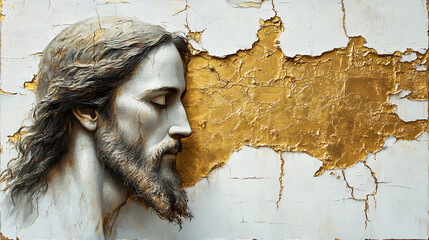 White textured wall with gold painted details of Jesus Christ in a minimalist and elegant religious art style.
