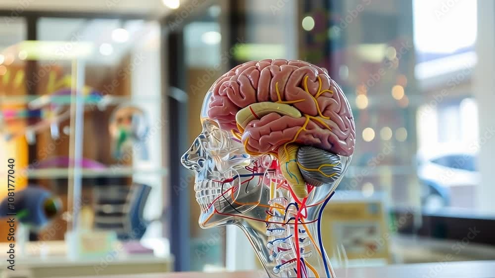 Poster transparent anatomical human brain model sits in a laboratory setting, showcasing the intricate netw