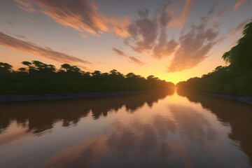 Fototapeta premium A vibrant sunset over a calm river, with a dense jungle in the background, hyper realistic, 8k resolution, cinematic lighting