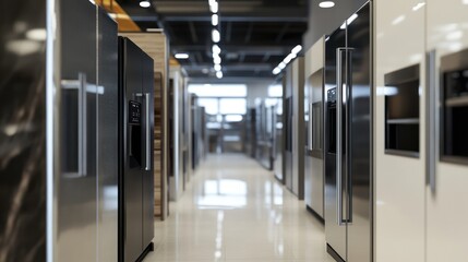 Rows of refrigerators, shoppers exploring modern options for their kitchen