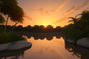A vibrant sunset over a calm river, with a dense jungle in the background, hyper realistic, 8k resolution, cinematic lighting