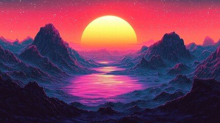 Sunset over a surreal mountain range with a river leading to the horizon.