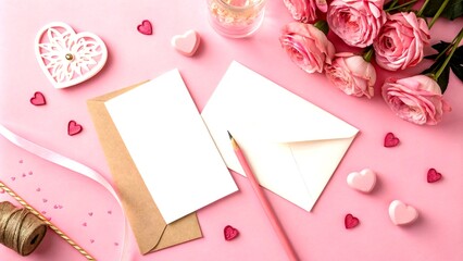 Pastel Pink Flat Lay Envelope Greeting Card Composition