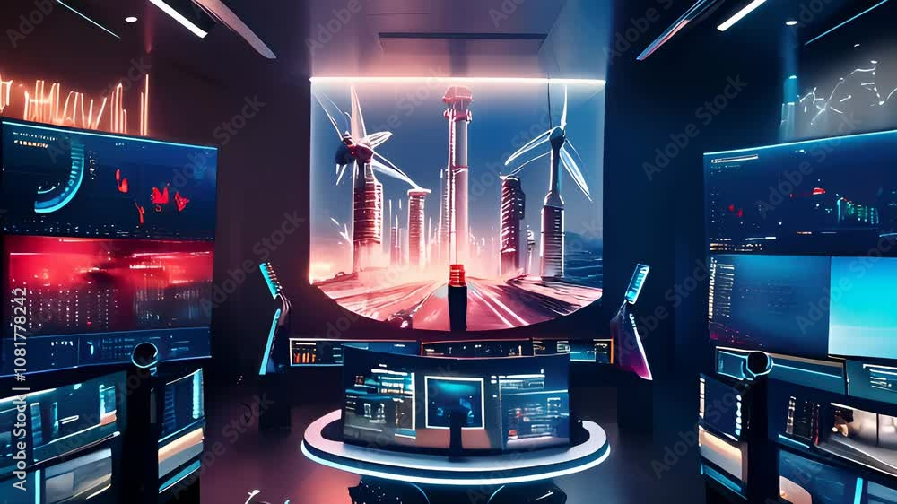 Poster futuristic control room with advanced technology and data analytics displayed on screens