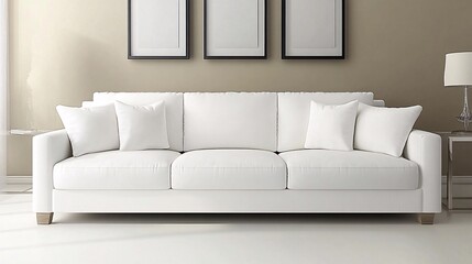 Photograph of a sleek modern living room featuring a white sofa