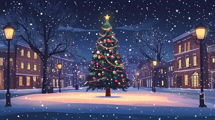 Fototapeta premium Large Christmas Tree in City Center Adorned with Colorful Lights on a Snowy night