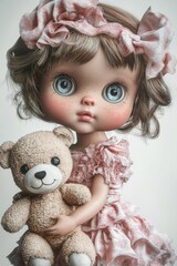 Fototapeta premium Doll in pink dress holding teddy bear.