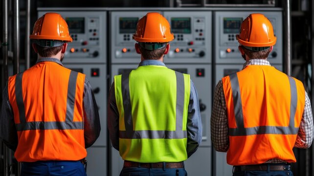 Workers in safety gear industrial facility team collaboration indoor environment rear view safety awareness