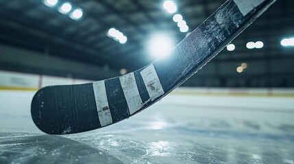 A hockey stick blade with tape and puck marks, indoor setting under arena lights, Intense style