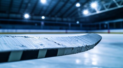 A hockey stick blade with tape and puck marks, indoor setting under arena lights, Intense style