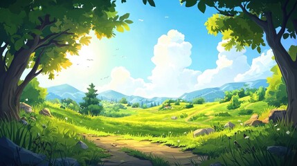 Obraz premium A Path Through Lush Green Hills and Blue Skies