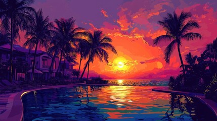 Sunset over a tropical resort with a pool.