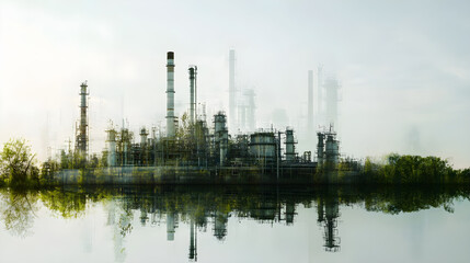 Obraz premium double image of industrial factory releasing smoke and forest