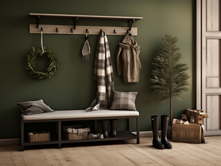 modern hallway decorated for Christmas with plaid accents, wreaths and Christmas tree. Holiday and festive season interior. Plaid accents interior.