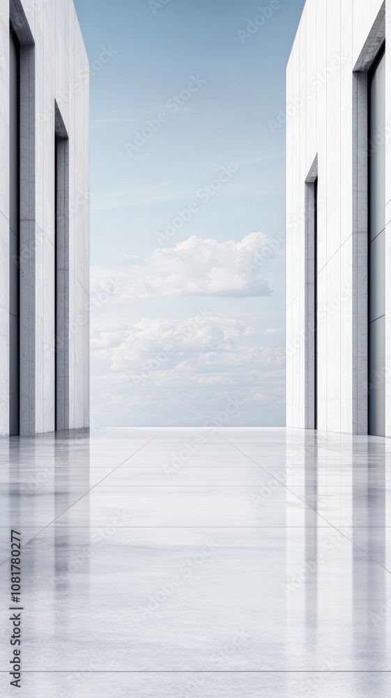 Poster a minimalist architectural scene featuring two open doorways against a serene sky, emphasizing space