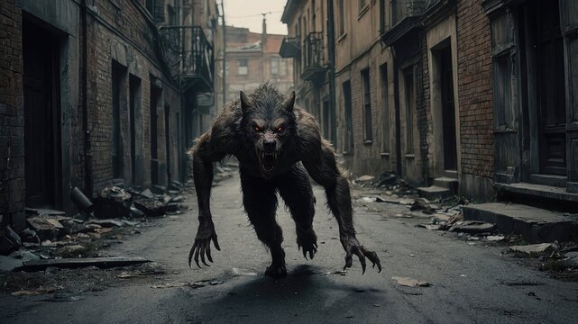 Intimidating werewolf with piercing red eyes and sharp claws prowling in a decayed, empty urban street, exuding a sense of fear and danger in a dark, post-apocalyptic environment